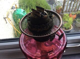 Good Victorian cranberry Oil lamp double burner basalt and brass base c1870 15” 6
