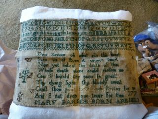 Unframed Antique Hand - Stitched Sampler - Blue Thread On Homespun Fabric - Early 1800