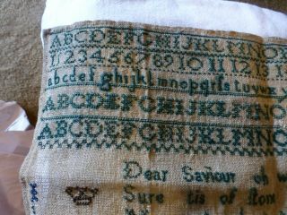 UNFRAMED ANTIQUE HAND - STITCHED SAMPLER - BLUE THREAD ON HOMESPUN FABRIC - EARLY 1800 2