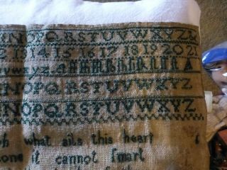 UNFRAMED ANTIQUE HAND - STITCHED SAMPLER - BLUE THREAD ON HOMESPUN FABRIC - EARLY 1800 3