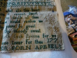 UNFRAMED ANTIQUE HAND - STITCHED SAMPLER - BLUE THREAD ON HOMESPUN FABRIC - EARLY 1800 6