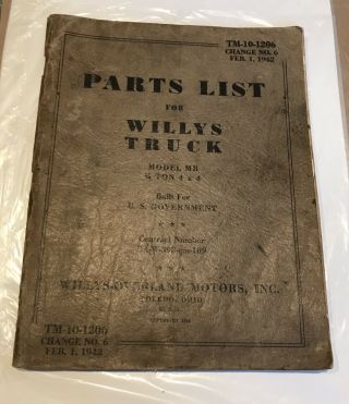 Ww2 Willys Parts List 1942 Mb 1/4 Ton 4x4 Truck / Jeep Tm - 10 - 1206 Rare