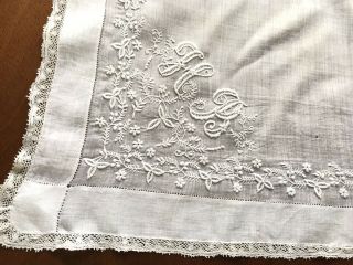 Antique Hand Embroidered Initial Hr Large White Lawn Lace Wedding Handkerchief