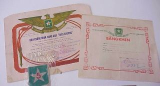 1969 Arvn 5th Infantry Division Silk Bevo Patch & 5th Infantry Certificates X2