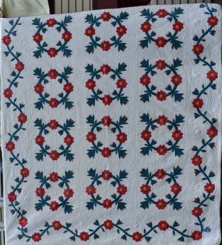 Antique Rose Wreath Appliqued Quilt,  Red And Teal Blue,  Floral Border,  18112