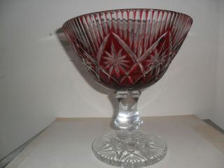 Antique Bohemian Czech Cut Cranberry Glass Compote Tazza Footed Bowl