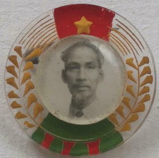 Ho Chi Minh North Vietnam President Photo Plastic Pin Propaganda Badge