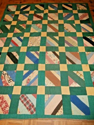 Antique Strip Block Patchwork Quilt 68 " X 81 " Early Fabrics,  Old Sack Cloth Back