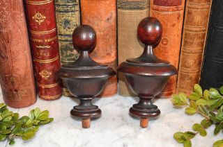 Antique Pair French Dark Turned Wood Finials Post Or Drapery