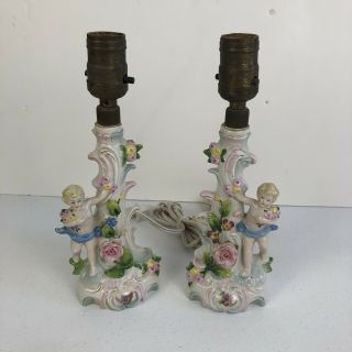 Antique German Porcelain Blue/pink/yellow Cherub Roses Small Table Lamps