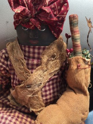 Primitive Folk Art Rag Doll Black American With Stocking Hand Painted Face