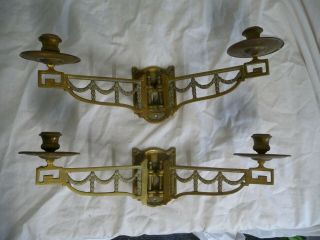 Antique Pair Edwardian Twin Candle Holder Sconces Gilt Brass Wall Mounted Old