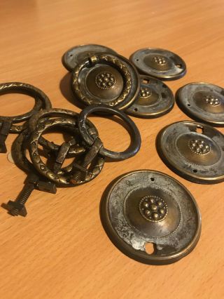 Set of 7 Antique brass ring handles - drawer furniture vintage 2