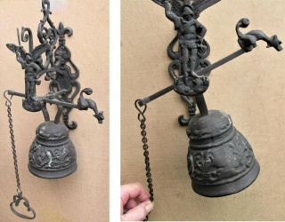 Antique French Large Bronze Wall Mount Door Bell W Pull Chain Hunter Gun Fox