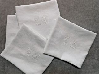 4 French Antique White Cotton Linen Damask Towels Monograms C.  L