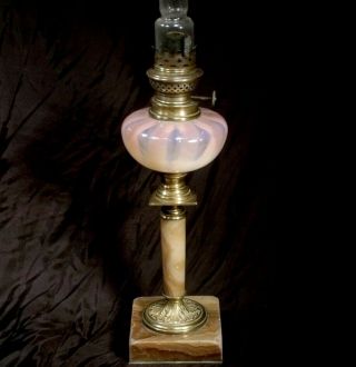 Antique C1880 Oil Lamp Opaline Glass Rose Pink Striations Vaseline Colour.