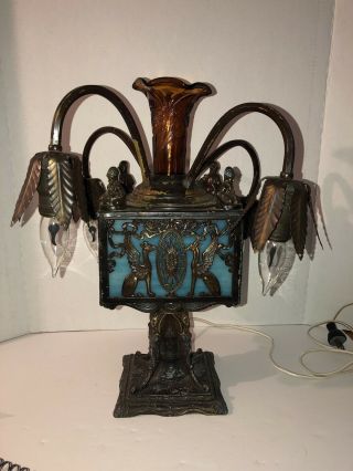 Rare Antique Miller Blue Panel Slag Stained Glass Lamp Signed Dated 1926 Vase