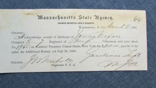 Civil War Soldier’s Bounty Receipt 1867 $100 For James Nixon 7th Reg.  Ma Inf.