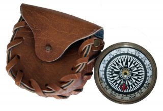 Compass Antique Brass Marine Maritime Vintage With Leather Case Handmade Gift