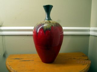 Art Vase Artist Signed Pottery Raku Stem And Vibrant Red Body