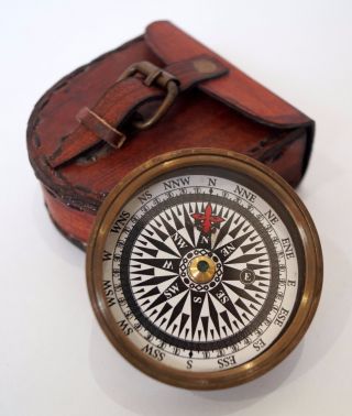 Nautical Vintage Brass Antique Compass W/ Leather Case Gift Item