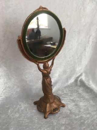 Nouveau Spelter Figurine Lady With Magnifying Mirror One Side Normal The Other