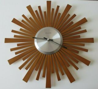 Sterling Noble Sunburst Starburst Atomic Mid Century Modern Wall Clock Teak Wood