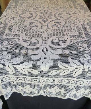 Vintage Filet Lace Table Cloth 66x82 " Beige Rectangle