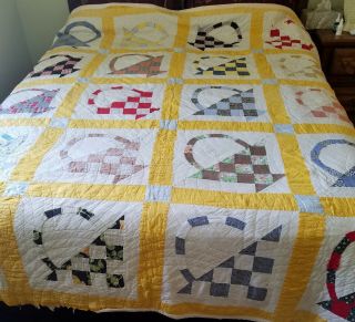 Quilt Hand Quilted 72 X 88 " Basket Pattern Ragged Border Antique