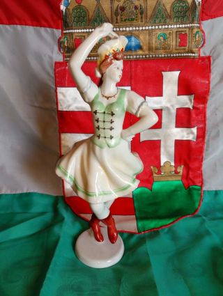 Vintage Hollohaza Hungarian Porcelain Hand Painted Folky Dancing Girl Dress 12 "