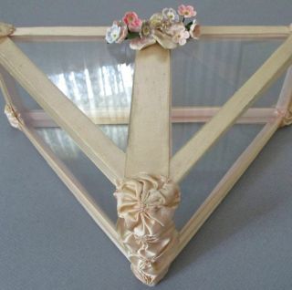 Vintage 3 - Sided Glass Hanky Handkerchief Box Holder Pink Ribbon Trim W Flowers