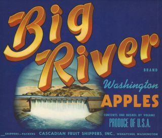 Rare Old 1950 " Big River Brand " Box Label Grand Coulee Dam Wenatchee Wa