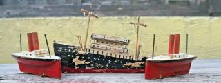 Vtg Steamship Miniatures Ship Model Wood & Paint Set Of 3 Toy Boats