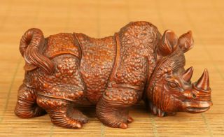Antiques Old Boxwood Rhinoceros Statue Figue Netsuke Gift Table Home Decoration