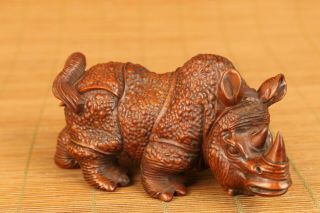 Antiques old boxwood rhinoceros statue figue netsuke gift table home decoration 2