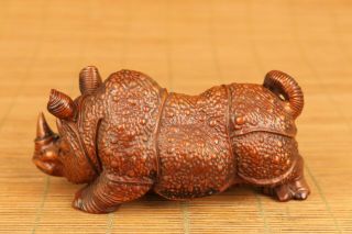 Antiques old boxwood rhinoceros statue figue netsuke gift table home decoration 3