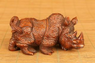 Antiques old boxwood rhinoceros statue figue netsuke gift table home decoration 6