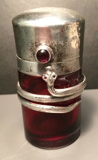 Victorian Birmingham Silver & Ruby Glass Scent Bottle 1899 With Snake