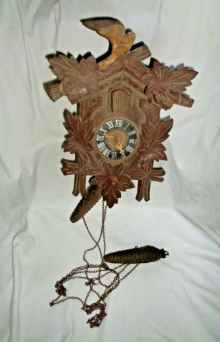 Vintage Cuckoo Clock Wooden Hand Carved For Repairs Or Parts With Weights