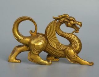 Exquisite China Fengshui Pure Brass Evil Dragon Kylin Unicorn Wing Beast statue 4