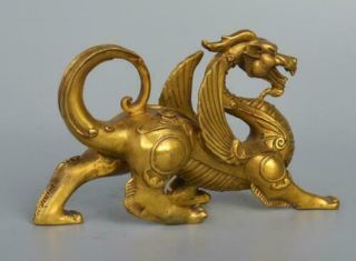 Exquisite China Fengshui Pure Brass Evil Dragon Kylin Unicorn Wing Beast statue 5