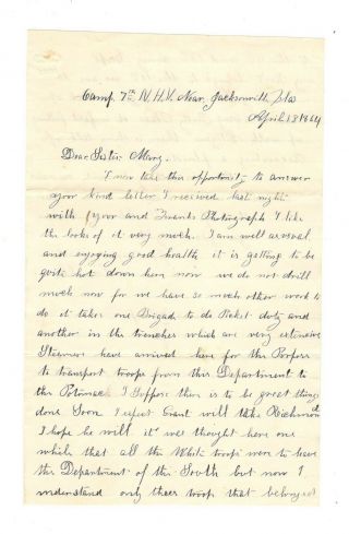 1864 Civil War Letter,  Jacksonville Fl,  Ref: 11th & 13th Army