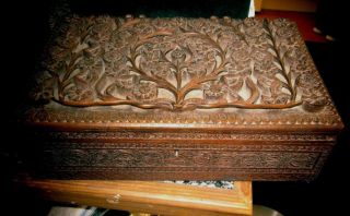 Antique Art Nouveau Large Hand Carved Wooden Workbox Raised Carved Sunflowers