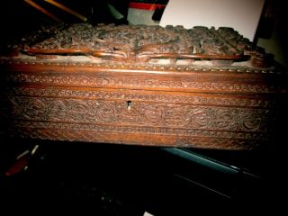 Antique Art Nouveau Large Hand Carved Wooden Workbox Raised Carved Sunflowers 2