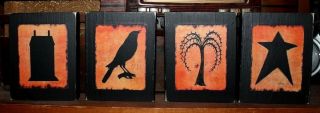 Primitive Rustic Shelf Sitter House Willow Tree Crow Star 4 Pc Sign Block Set