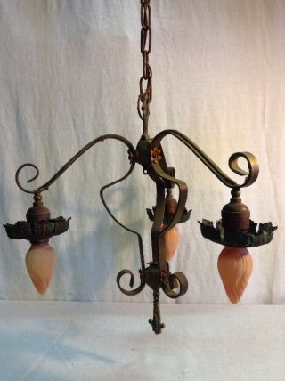 Vintage Antique Brass Victorian Three Light Arm Chandelier Hanging Fixture