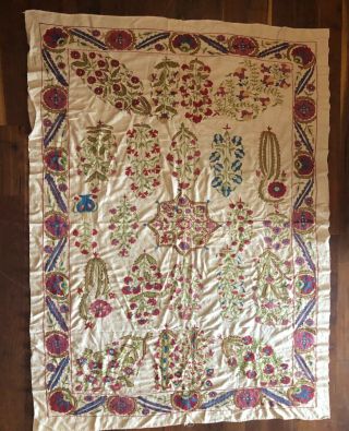 Rare Vintage Hand Embroidered Uzbek Wall Hanging Suzani 50 " X 67 1/2 "