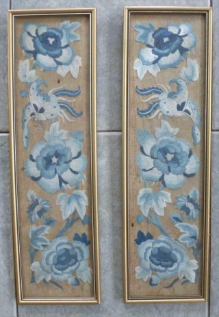 Pair Chinese Silk Embroidery Robe Panels Flowers Butterfly Qing Dynasty C1850 