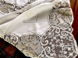 Vintage Hand Embroidered White Linen Lefkara Lace Tablecloth 70x70 Inches