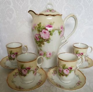 P.  S.  Bavaria Germany Chocolate Set Cups & Saucers Hand Painted Roses/gold Signed